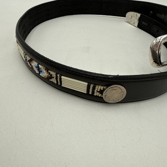 BRIGHTON Belt Beaded Western ZUNI BLack Leather Mens 32 Silver Buckle Removable main image 4